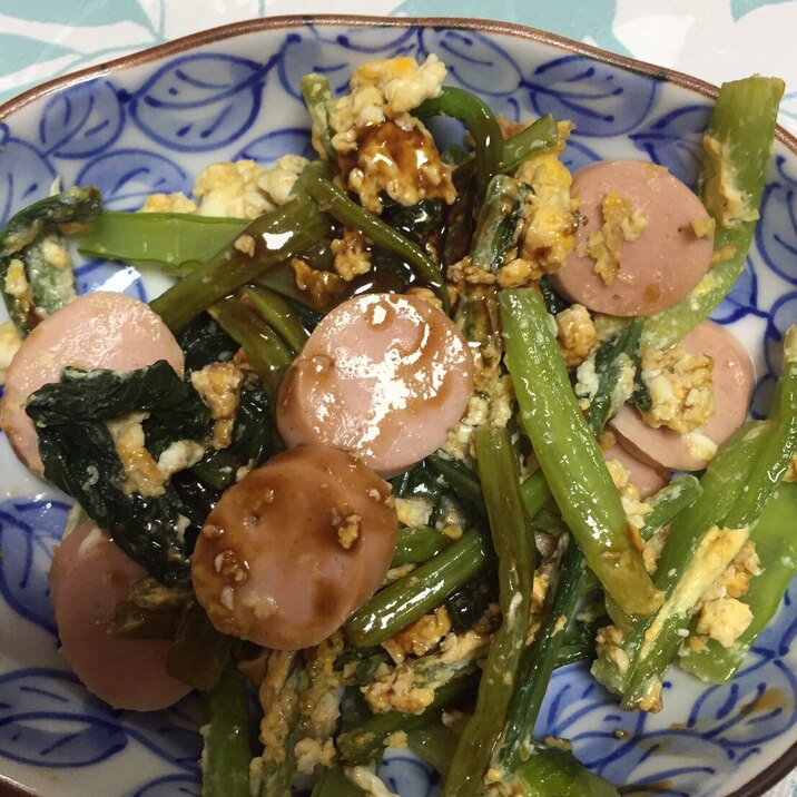 ソースで☆小松菜と魚肉ソーセージの卵とじ炒め